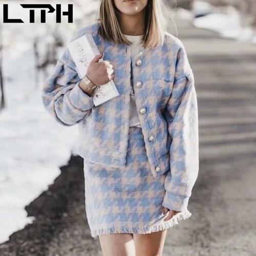 LTPH Fashion Vintage 2 Pieces Set Women Single Breasted Woolen jacket High waist tassel skirts Outfits 2021 Spring Autumn New