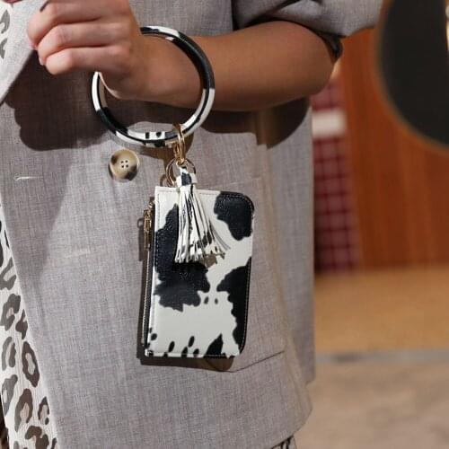 Fashion Key Box Bag Bracelet Keychain Card Bag Women PU Leather Zebra Cow Print Leather Tassel Wallet for Women 2021 Trends