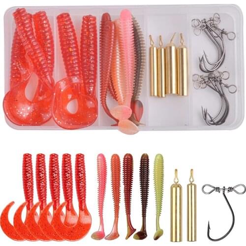 22Pcs/Box Fishing Lures Baits Kit Including Copper Sinker Weight Soft Worm Lures Down Shot Rig Hook Drop Shot Hook For Bass
