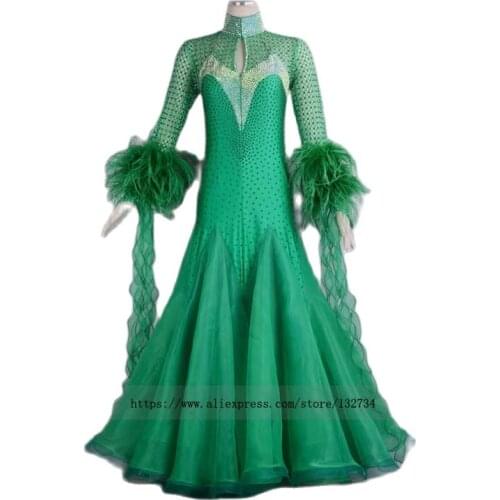 Green feather ballroom costumes of 2019 standard ballroom dancing dresses waltz flamenco dress costume dance costumes dancewear