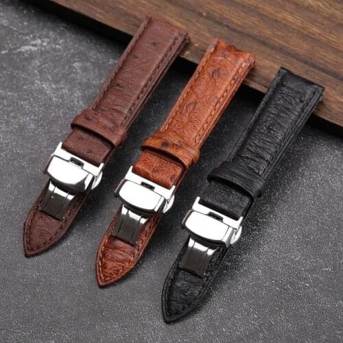 Handmade Leather Watchband Ostrich Leather Black, Brown Very Soft Bracelet 18 20 21 22MM Butterfly Buckle Bracelet
