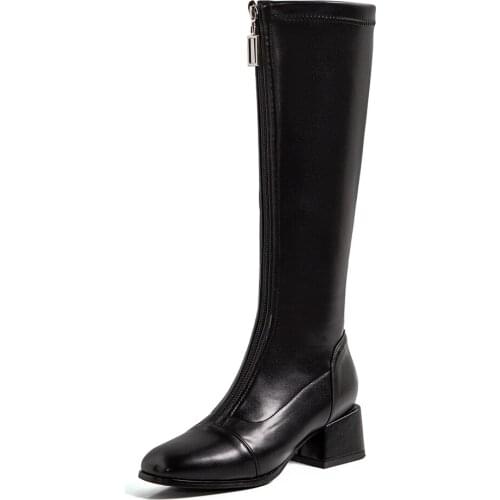 Thick Heel Square Toe Metal Buckle Zipper Knight Boots 2021 Spring New Brown Stitched Retro Knee-Length Womens Boots