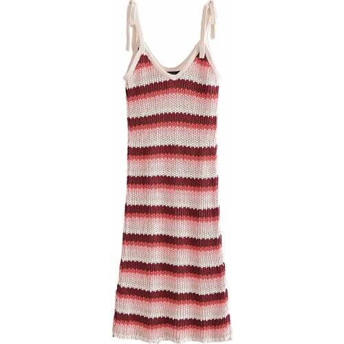 Za Women Sexy Retro Stripe Printing Knitting Dress Low Chest Open Back Dress Suspender Party Mini Skirt XITIMEAO