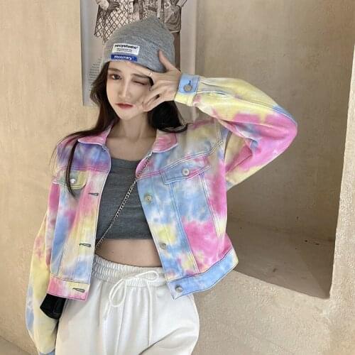 Korean Tie Dye Print Slim Short Denim Coat Chaqueta Mujer 2021 Spring Autumn Lapel Long Sleeve Harajuku Jeans Jacket Female Coat