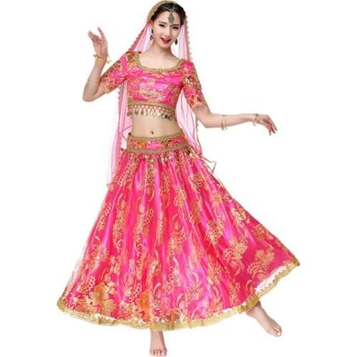 Halloween Women Belly Dance Wear Indian Dance Outfits Organza Embroidered Coins Bollywood Costume 4pcs Set (Top+Belt+Skirt+Veil)