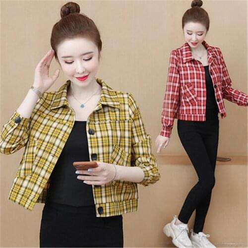 2021 Spring Autumn Fashion New Ladies Short Lapel Long Sleeve Retro Hong Kong Flavor Check Thin Jacket Top Trend H124