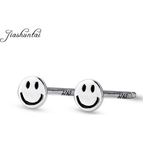 JIASHUNTAI 100% 925 Sterling Silver Smiling Face Stud Earrings For Women Silver Small Cute Earrings Fashion Jewelry