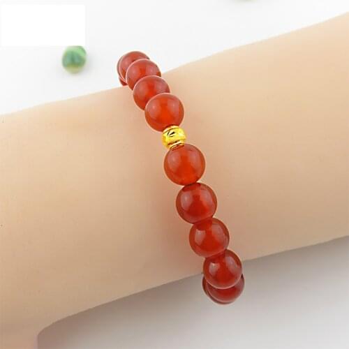 Pure 24K 999 Yellow Gold Bracelet Carved Luck Bead Women Red Agate Round Bangle 6.3inchL Hot fashion Bracelet