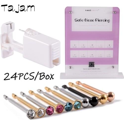 24PCS Disposable Sterilized Safe Nose Piercing Surgical Steel Bend Rod Nose Bone Studs Crystal Gem Body Piercing Jewelry