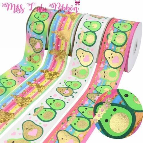 3 "75mm Fruit Series Golden Avocado Pear Print Solid Color / Stripe Gold Foil With DIY Gift Decoration 50 Yards/ Roll