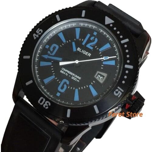 BLIGER Leisure fashion 43mm men watch black blue dial black steel case black rubber strap automatic Wristwatch