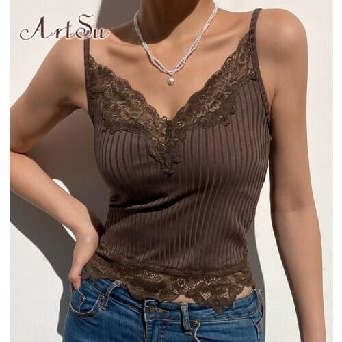 ArtSu Patchwork Lace Brown Y2K Crop Top Summer V Neck Sexy Sleeveless Cami Tops Tees Backless Spaghetti Strap Top 2021 VE52509