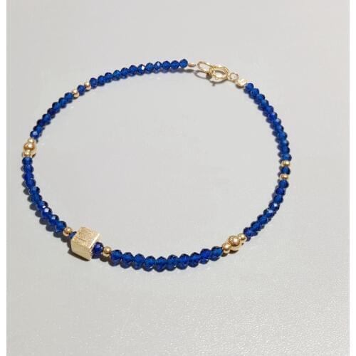 Lii Ji Lab-Created Sapphire 2mm Beads with 925 Sterling Silver 18K Gold Plated Matte Cube Delicate Bracelet