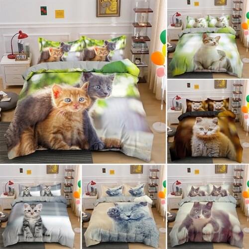 Lying Cat Bedding Set Soft Fabric Cute Pets Duvet Cover King Queen Twin Full Single Double Size Comfortable Kids Adult Bed Lines