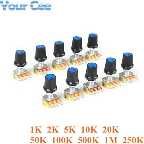 10 PCS Linear Potentiometer 15mm Shaft With Nuts And Potentiometer Button Cap for 1K 2K 5K 10K 20K 50K 100K 500K 1M 250K WH148