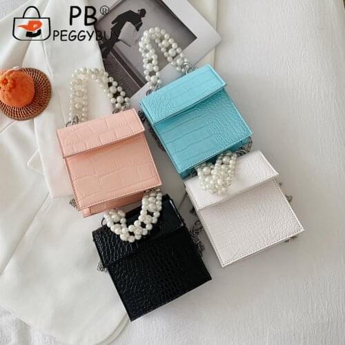 Fashion Women Alligator Pattern Shoulder Crossbody Bag with Pearl Chain Handle Portable Street Travel Solid Color Mini Handbags