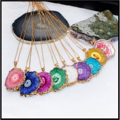 Wholesale 6pcs/lot Natural stone crystal pendant sunflower electroplated rim necklace women necklace hand making gift jewelry