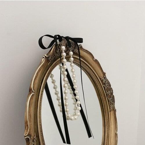 French Vintage Black Ribbon Bow-knot Lacing Chokers Necklace for Women Girls Charming Imitation Pearl Beaded Necklace Jewelry