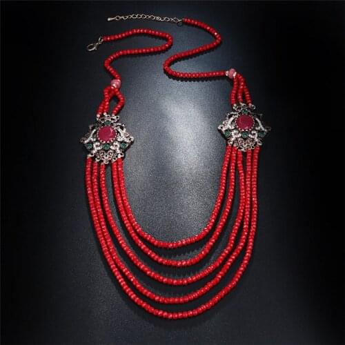 Bohemian Necklace Red Beads Crystal Choker Ethnic Boho Collar Layered Necklaces for Women Wedding Party Gifts Fashion Jewelry