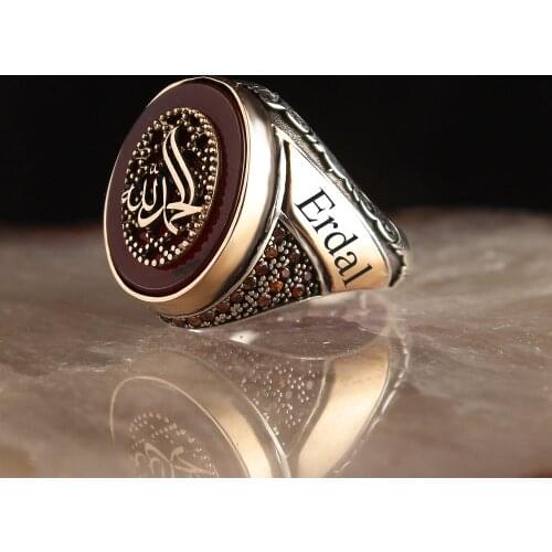 Personalized Name Written Agate Stone Elhamdülillah Written 925 Sterling Mens Silver Ring