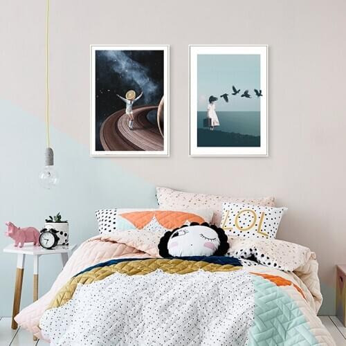 Cartoon Girl Poster Nordic Starry sky Canvas Painting Wall Art Pictures For Living Room Modern Decorative Prins On The Wall