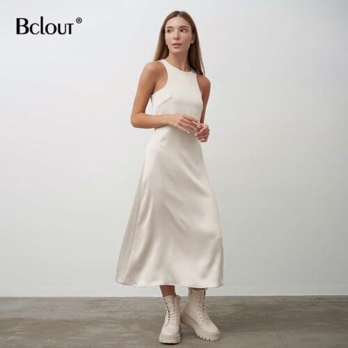 Bclout Satin Slim Tank Dresses Autumn O Neck Sleeveless Elegant Long Dress Women A-Line Fashion Solid Party Robe Female Clothing