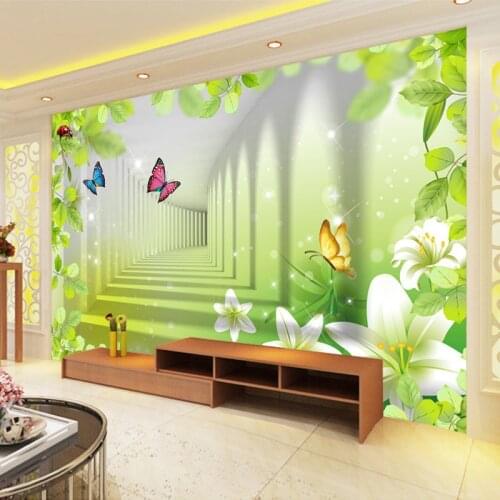 Custom Printed Wallpaper Lily Butterfly Green Leaf Modern Wall Painting Abstract Art 3D Stereoscopic Space Wall Mural Wallpaper