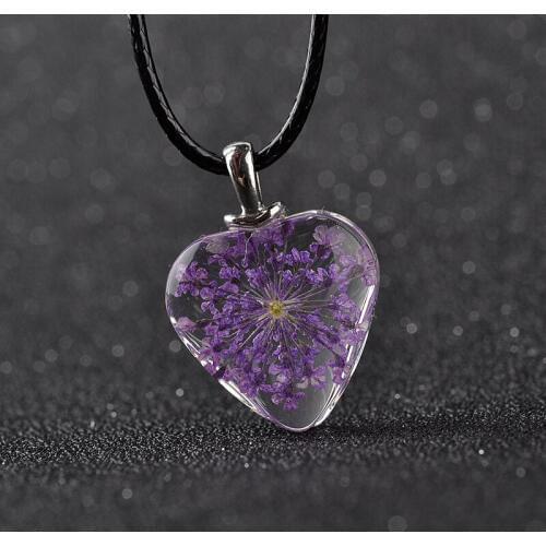 Transparen Glass Purple Dry Flower Heart Pendant Necklace Women Jewelry Original Manual Accessories Unique Gifts For Friends