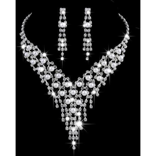 Luxury Long Tassels Jewelry Pearl Necklace Earing Set Crystal Zircon Wedding Bridal Jewelry Sets For Women Bijoux Mariage Zestaw