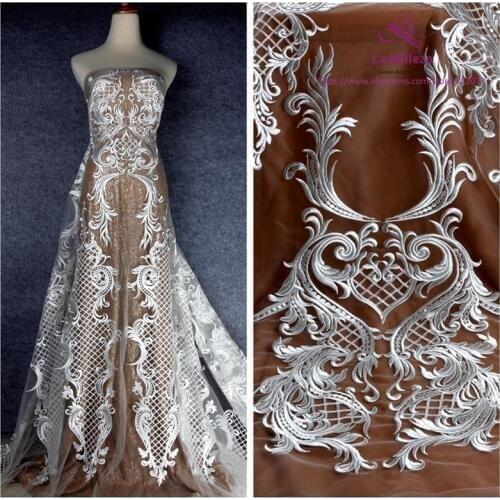La Belleza Off white/Black polyester on mesh heavy embroidery wedding dress lace fabric 1 yard 51" width