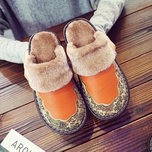 Women Cotton Plush Shoes Winter Furry Slides Floral Print Fashion Slippers Household Soft Sole Shoes Female Indoor Home Slippers