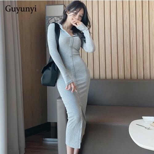 Warm Hedging Knitted Hooded Dress 2021 Autumn High Waist Tight Single Row Decorate Button Front Hem Slit High Street Grey Dress