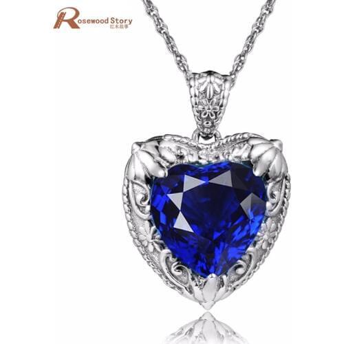 Solid 925 Sterling Silver Pendant Handmade Heart Shape Created Sapphire CZ Stone Crystal Necklace Pendant Women Party Jewelry
