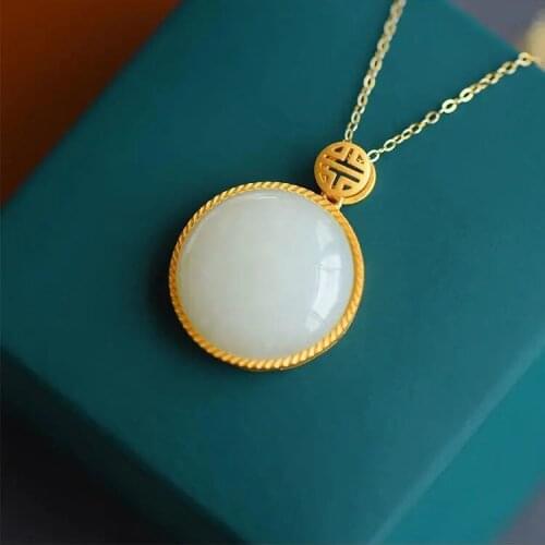 Vintage Necklace Female Ethnic Chinese Style Lucky Birthday Lucky Pendant round Brand Safety Buckle Pendant Hetian Jade Clavicle