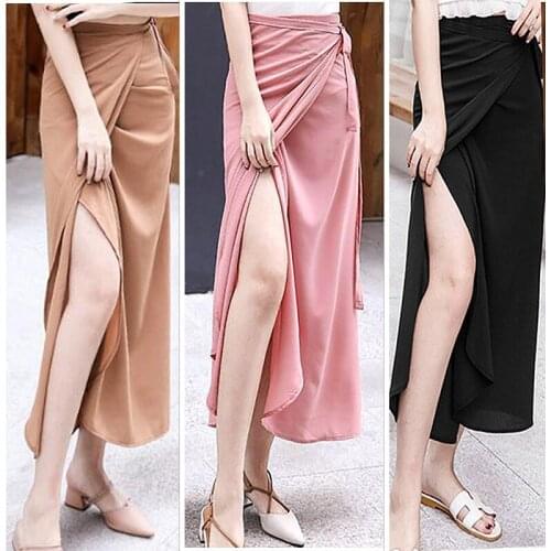 Skirt Womens Summer Bohemian Long Skirt Show Thin Solid Color Holiday Lace Up Wrap Skirt Chiffon Beach Skirt