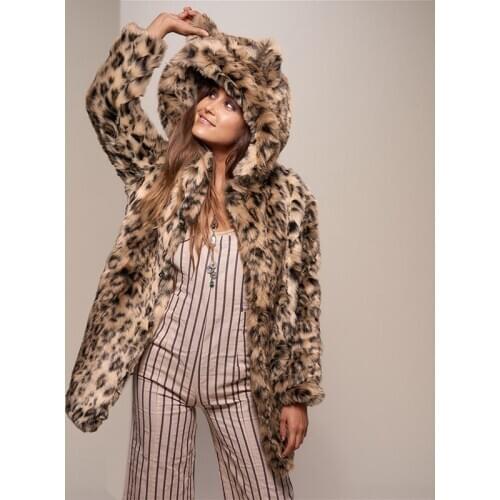 Faux Hooded Warm leopard print Jacket Solid Color Women Fashion Long Sleeve Cute Hat Outerwear Winter Coat Women