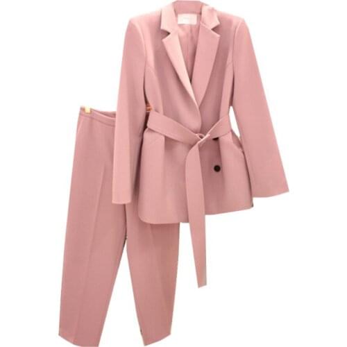 2020 spring Autumn Women Lace Up Pant Suit Notched Blazer Jacket & Pant Office Wear Suits Sets