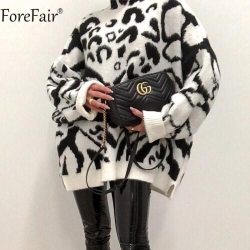 Forefair O Neck Long Sleeve Black Pullovers Zebra Pattern Women Loose Oversized Sweaters Casual Split Knited jumpers 2020