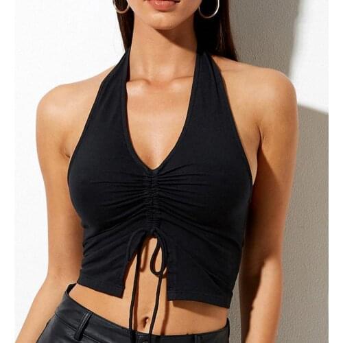 Women Vest V Neck Sleeveless Halter Sexy Ruched Drawstring Backless Crop Top Summer Backless Camisole Fashion Casual Tube Top