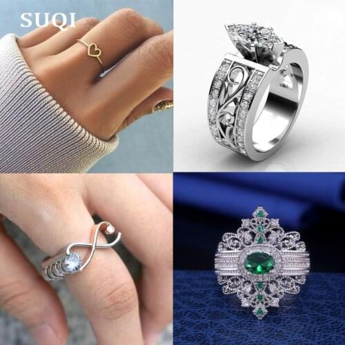 SUQI Female Fashion Elegant Cubic Zirconia Ring Rose Gold Color Champagne Crystal Engagement Wedding Ring for Women Jewelry 2019