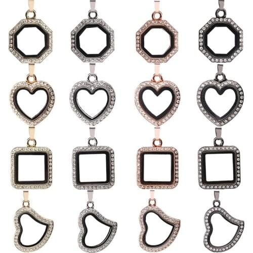 10Pcs/Lot Geometric Mixed Crystal Square Heart Round Floating Glass Memory Locket Pendant Necklaces Women Party Gift Jewelry