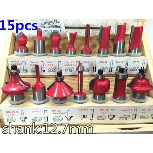 15PCS 1/2"(12.7mm) Shank Tungsten Carbide Router Bit Set Wood Woodworking Cutter Trimming Knife Forming Milling