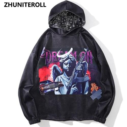 2021 Hooded Black Sweatshirts Harajuku Funny Angel Print Streetwear Hoodies Hip Hop Fashion Loose Casual Pullover Tops Outwear