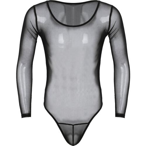 2021 Mens Sexy See Through Bodysuit Lingerie Mesh Long Sleeves Scoop Neck High Cut Stretchy Jumpsuit Underwear Nightwear