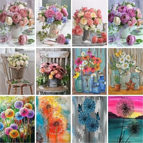5ddiy Diamond Painting Rose Vase Cross Stitch Embroidery Set Dandelion Sunflower Full Rhinestone Mosaic Home Decoration Painting