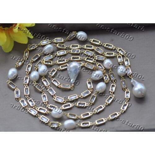 Z11199 54" 25mm Baroque keshi Rice Freshwater Pearl CZ Chain Necklace Pendant Woman Fashion Jewelry