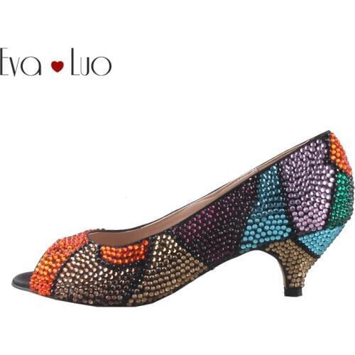 CHS790 DHL Custom Made Multicolor Crystal Shoes Low Heel Open Toe Big Size Women Shoes Bridal Wedding Shoes Dress Pumps
