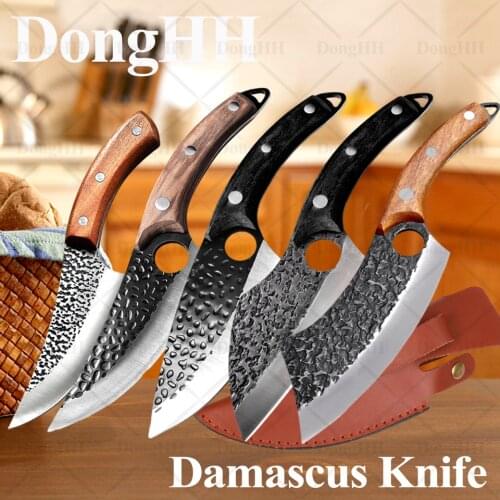 Damask Stainless Steel Kitchen Knives With Sheath Professional Handmade Meat Cleaver Forged Boning Knife Cooking Tools