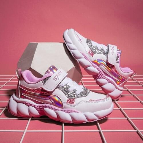 Childrens Spring Autumn Casual Shoes Girls Leather Sports Casual Shoes Fashion Sequin Color Matching Waterproof Running Shoes