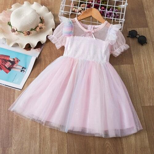 Emmababy Kids Summer Princess Dress Sequins Gauze Splicing O-Neck Short Bubble Sleeves Skirt with Back Zipper Girls 2-7 Years